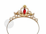 A gold tiara headband decorated with clear rhinestones, featuring a central red marquise gemstone, a red heart-shaped crystal, and two clear teardrop crystals, shown against a plain white background.
