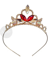 A gold-colored tiara headband adorned with faceted clear rhinestones and two prominent red marquise-shaped crystals at the center, shown against a plain white background.