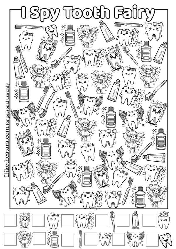 I Spy tooth fairy game for kids Free printable  - A fun and educational activity featuring Tooth Fairy characters, toothbrushes, toothpaste, and more. Perfect for teaching kids about oral hygiene and dental care  while keeping them entertained. Great for preschoolers and early learners