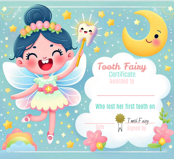 Free Printable Tooth Fairy Certificate: A whimsical design featuring a colorful fairy with a glowing tooth wand, a smiling moon, and customizable spaces for a child's name, date, and details. Celebrate the magical milestone of losing their first tooth