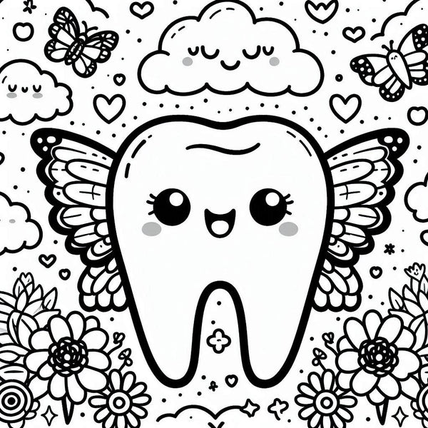 free tooth fairy coloring page , happy tooth, free printable, tooth fairy gift, dentist coloring page, teeth coloring page 