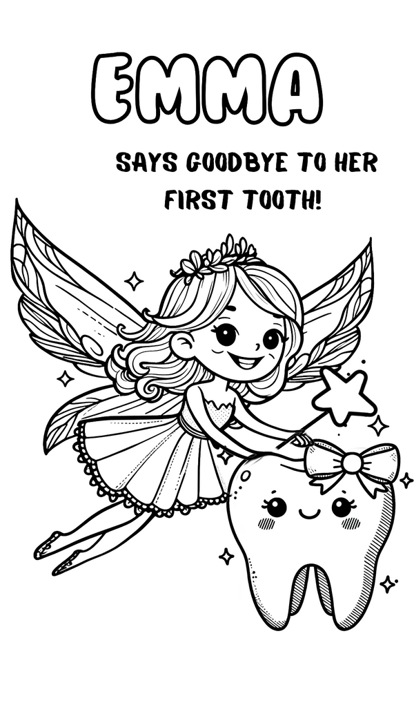 Free personalized Tooth Fairy coloring page featuring a cheerful fairy and a smiling tooth. Parents can customize the child's name to make it unique and special, perfect for gift celebrating the milestone of losing their first tooth