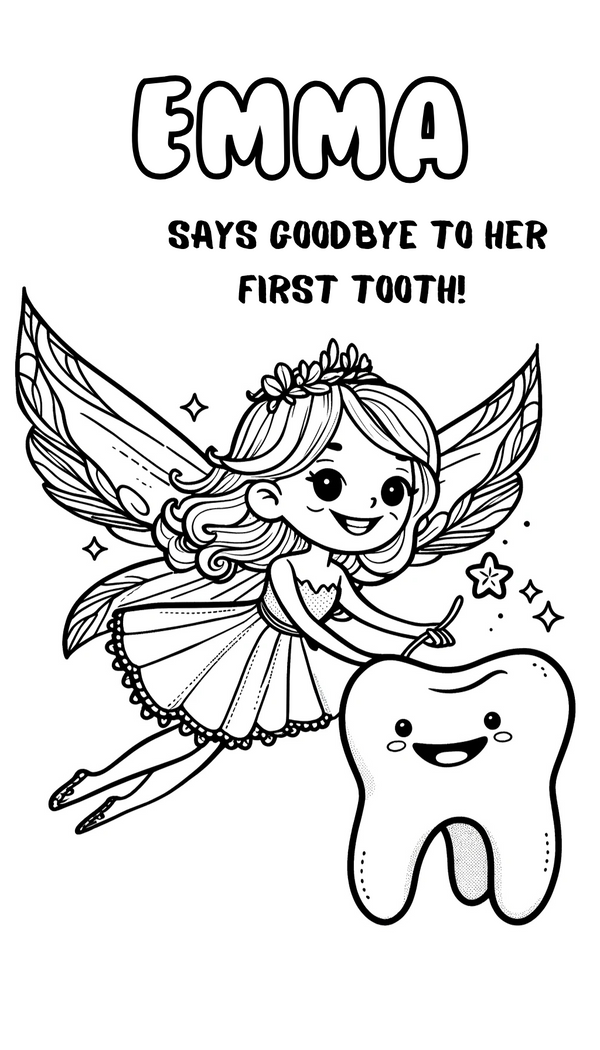 Free personalized Tooth Fairy coloring page featuring a cheerful fairy and a smiling tooth. Parents can customize the child's name to make it unique and special, perfect for gift celebrating the milestone of losing their first tooth