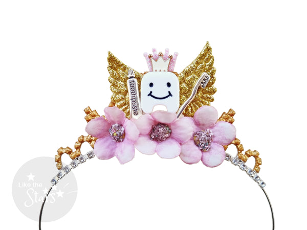 Pink and gold tooth fairy costume crown, toothpaste and toothbrush, tooth fairy photo prop photo shoot, the perfect accessory for tooth fairy costume 