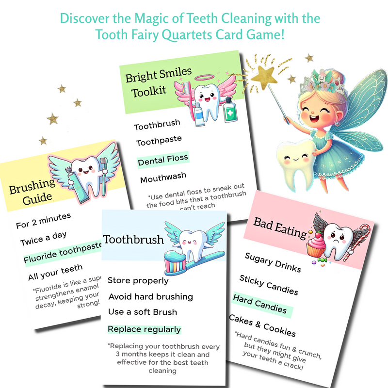 Tooth Fairy Card Quartets Game for kids, Card game teeth teaching dental hygiene through fun activities. Perfect as original tooth fairy gift & kids dentists waiting room