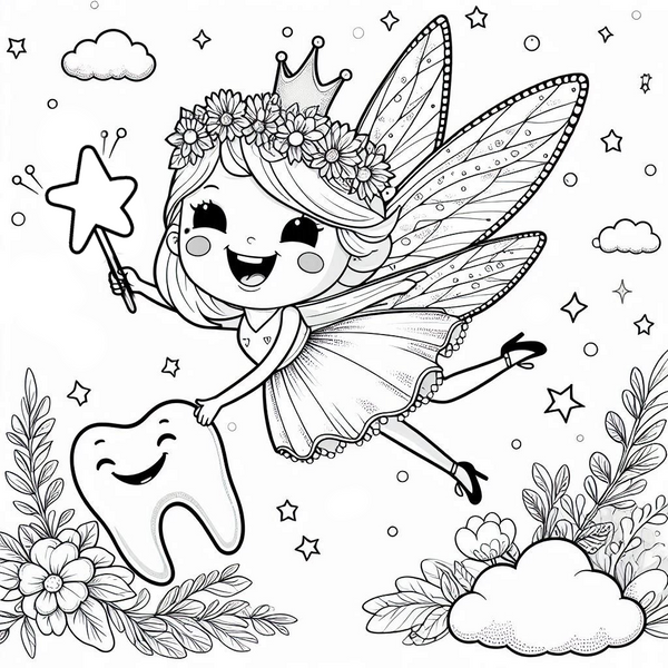 A delightful free Tooth Fairy coloring page featuring a smiling fairy with a floral crown, wings, a wand, and a happy tooth. Surrounded by stars, clouds, and floral elements, this whimsical printable is perfect for kids