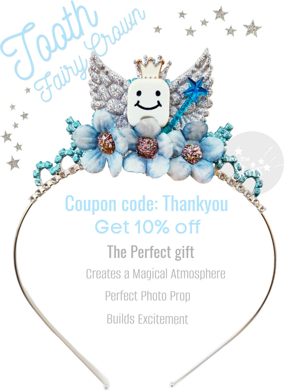 Tooth Fairy crown accessory featuring silver glitter wings, a smiling tooth, blue flowers, and a star wand. Perfect for Tooth Fairy costumes, kids' dental dentist gifts, and dental graduation celebrations