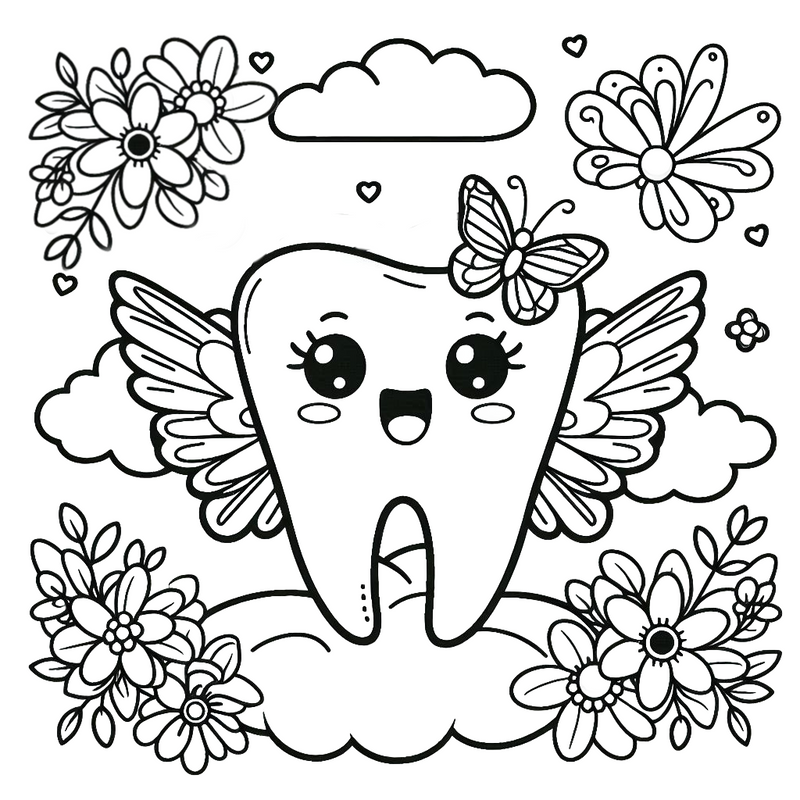 A delightful coloring page perfect for kids, featuring a magical and fun Tooth Fairy theme. A cheerful cartoon tooth with wings, sitting on a fluffy cloud, surrounded by blooming flowers, butterflies, and small hearts. Free coloring page tooth fairy