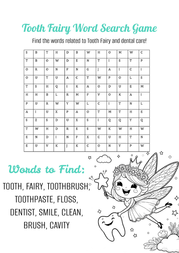 Free Tooth fairy Word Search game for Kids, Printable Word Search, Kids Activity Pages, Tooth Fairy Activities, tooth fairy coloring page, Fun Educational Games, Dental Care Word Search, Fun Tooth Fairy Games for Kids